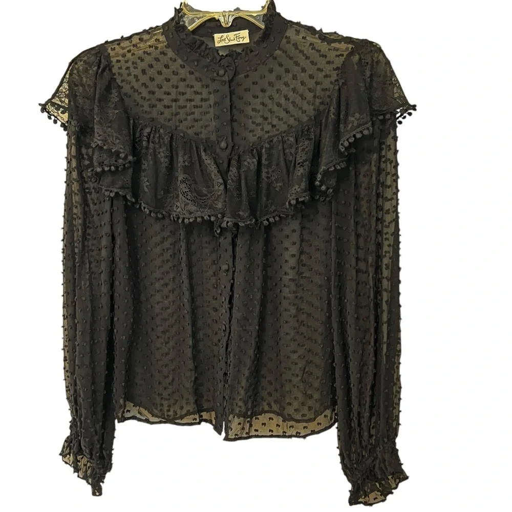 LoveShackFancy Erica SWISS DOT HIGH NECK LACE BLOUSE Ruffled Button Front Sheer - Picture 4 of 16